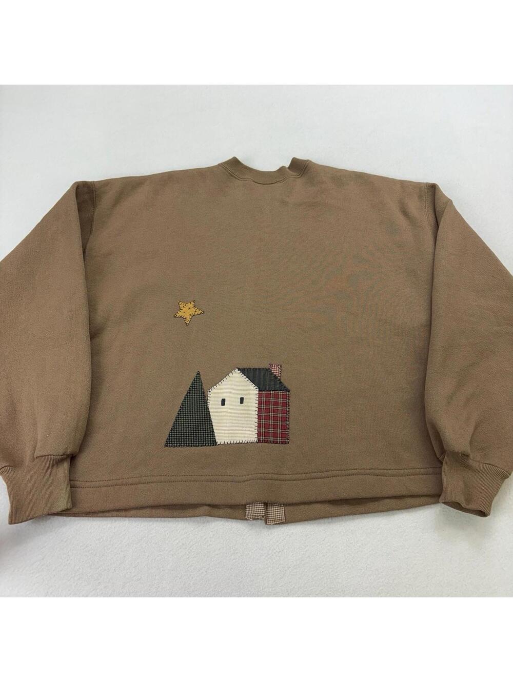 Vintage 90s Patchwork Town Sweatshirt Cardigan Womens Size XL Brown - Picture 2 of 9
